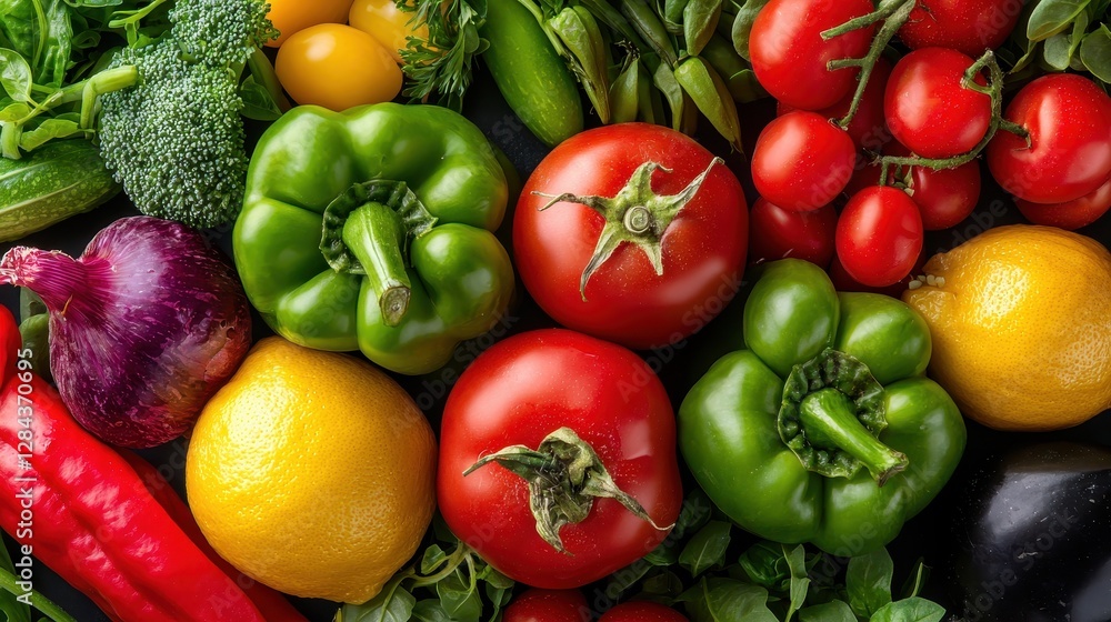 A vibrant assortment of fresh vegetables, including peppers, tomatoes, broccoli, and lemons, showcasing a colorful and healthy produce selection. A vibrant assortment of fresh vegetables, including peppers, tomatoes, broccoli, and lemons, showcasing a colorful and healthy produce selection.