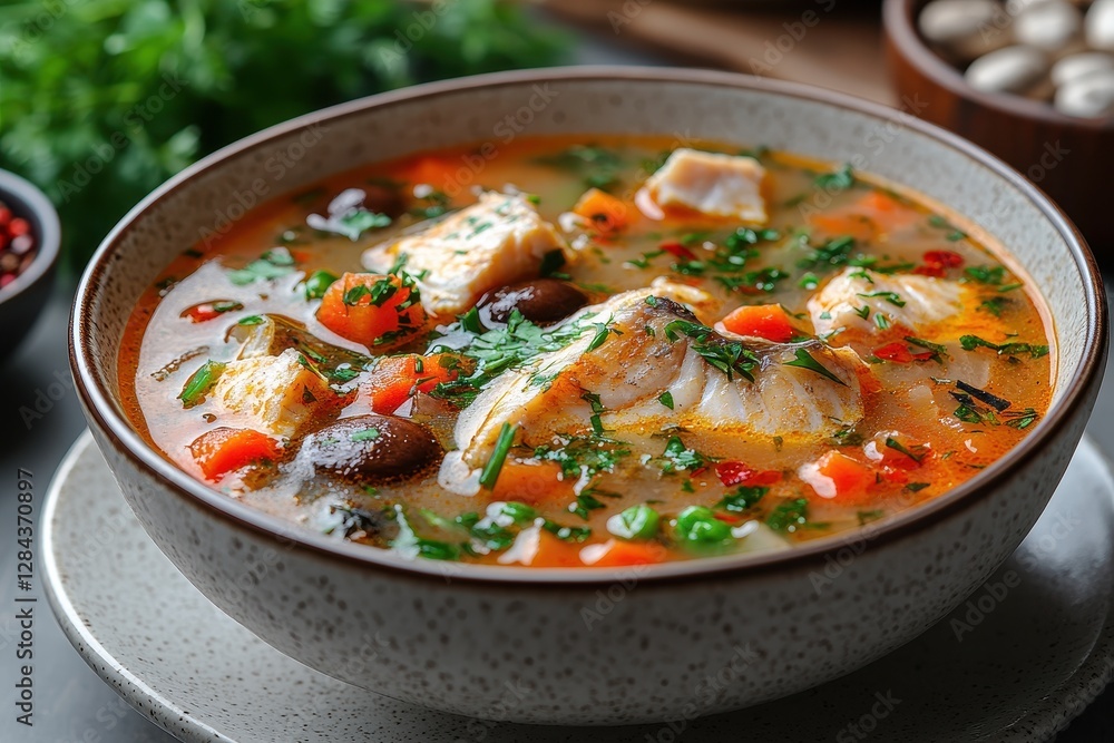 Delicious fish soup garnished with fresh herbs and colorful vegetables in a cozy kitchen setting Delicious fish soup garnished with fresh herbs and colorful vegetables in a cozy kitchen setting