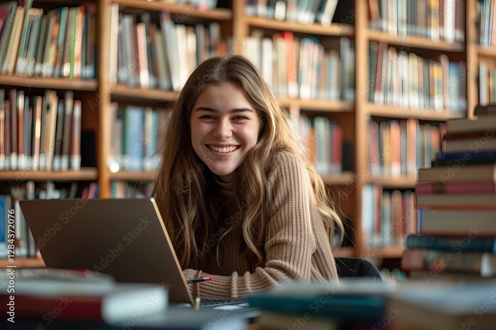 woman smiling and studying in a university library, surrounded by books and using a laptop for research and school projects.