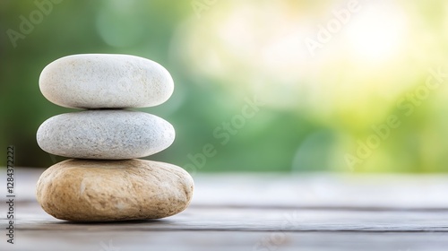 Stack of smooth stones on a wooden table bathed in soft sunlight creating a peaceful atmosphere : Generative AI