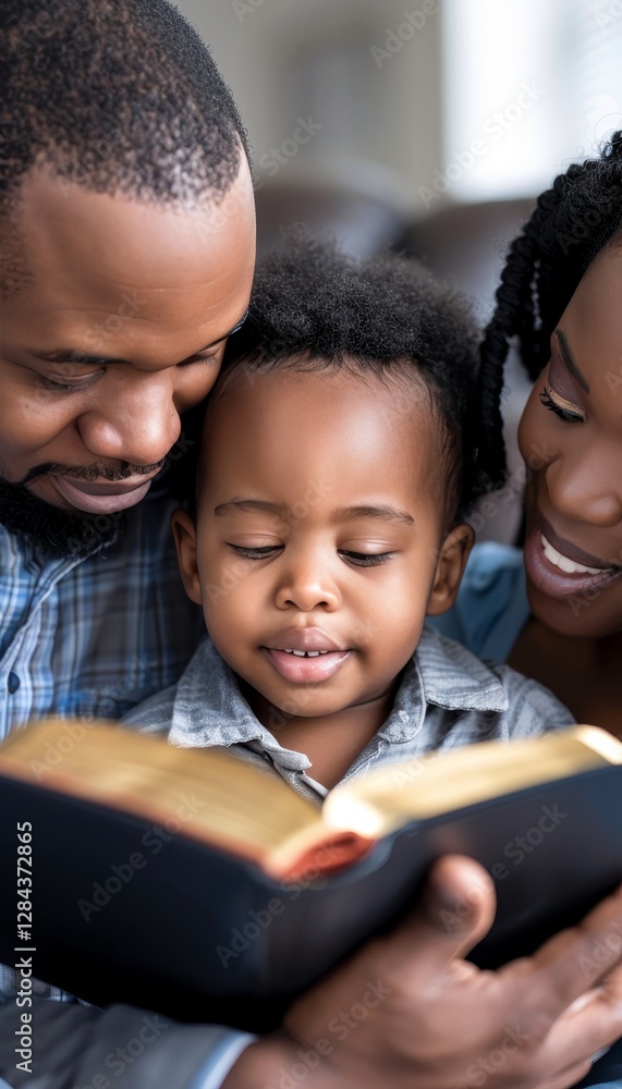 A family enjoying quality time together by reading biblical passages in their cozy home setting. A family enjoying quality time together by reading biblical passages in their cozy home setting.