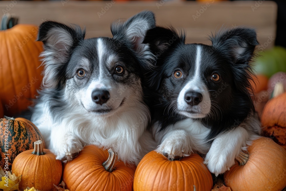 Companion dogs relaxing among pumpkins during autumn in a cozy setting Companion dogs relaxing among pumpkins during autumn in a cozy setting