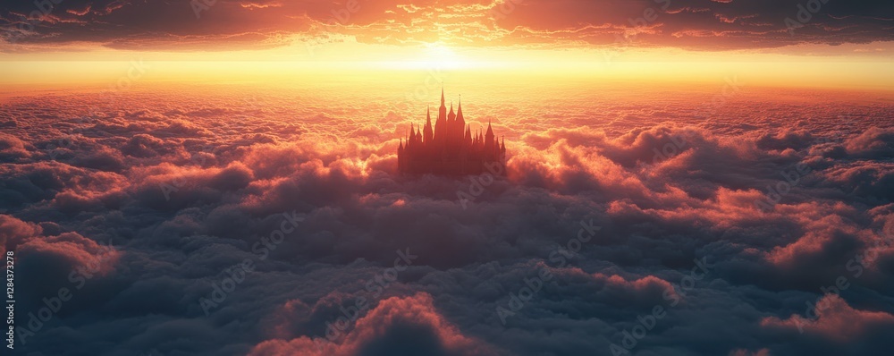Majestic castle above clouds at sunset with dramatic sky and vibrant colors Majestic castle above clouds at sunset with dramatic sky and vibrant colors
