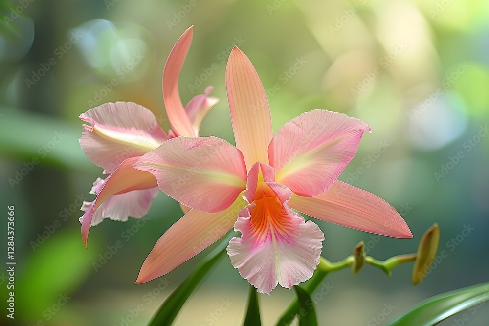 Close-up shot of a delicate flower blooming in the morning sunlight. Close-up shot of a delicate flower blooming in the morning sunlight.