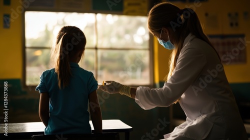 A healthcare worker administers a vaccination to a young girl in a bright classroom setting, emphasizing child health and safety.