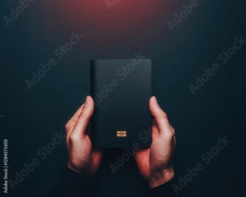 Holographic passport being manipulated by unseen hands, illustrating forged documents and identity fraud