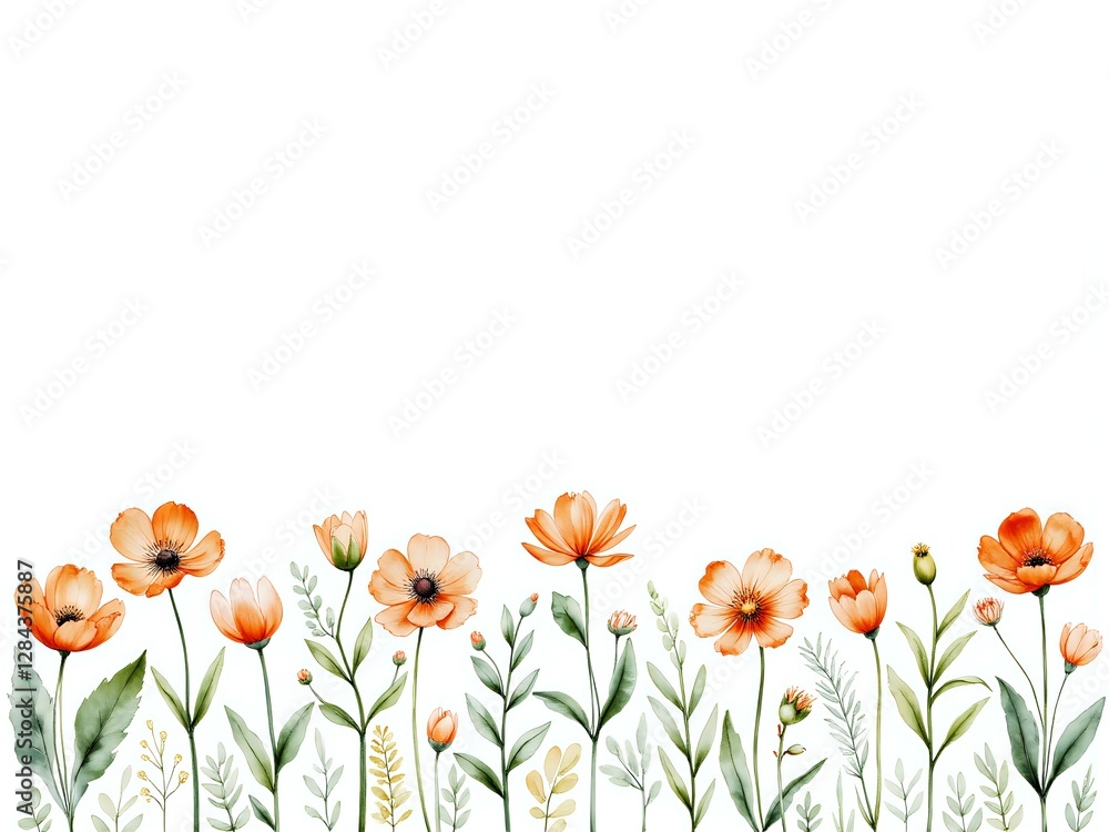 Fototapeta premium Charming orange floral border design with delicate greenery