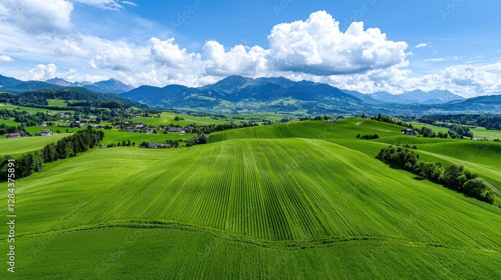 Fototapeta premium Aerial view of green fields and mountains. Scenic landscape. Possible use Stock photo