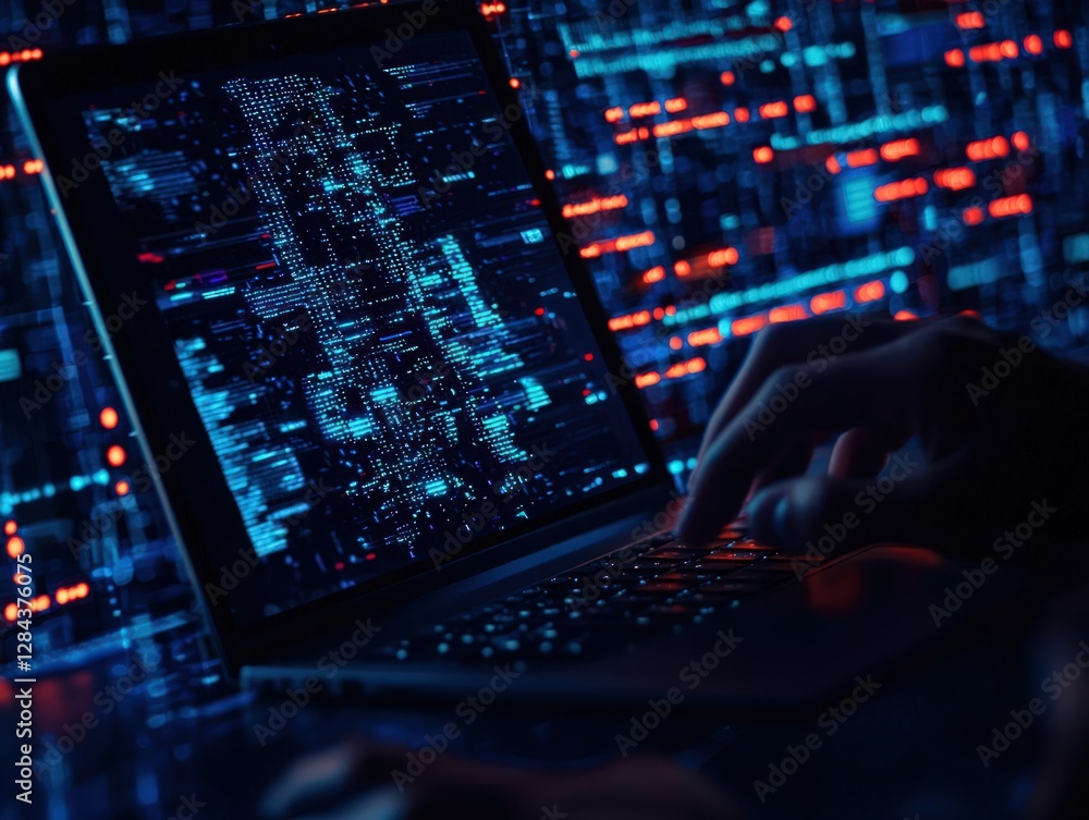 Close-Up of Hands Typing on a Laptop with Glowing Data Visualization in a Dark Environment Close-Up of Hands Typing on a Laptop with Glowing Data Visualization in a Dark Environment