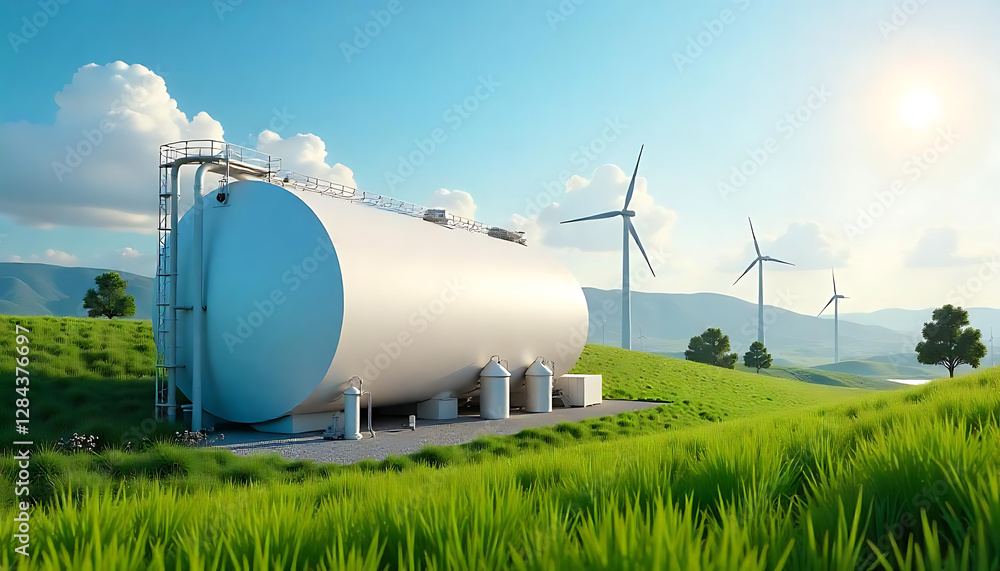 a hydrogen energy storage gas tank facility connected to a clean electricity solar and wind turbine farm in a mountainous landscape created with generative ai a hydrogen energy storage gas tank facility connected to a clean electricity solar and wind turbine farm in a mountainous landscape created with generative ai