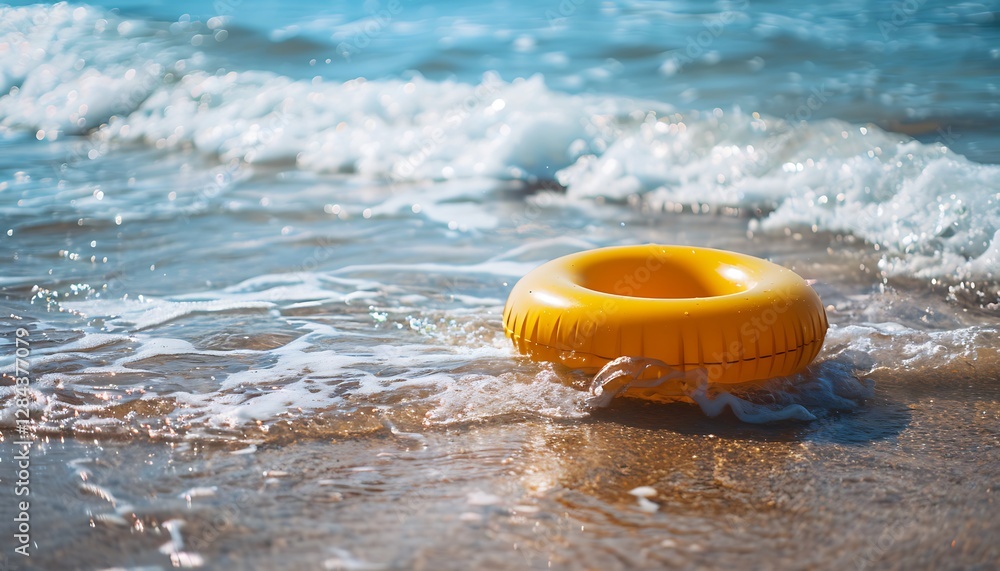 Naklejka premium Red lifebuoy on the beach with splashes of water.