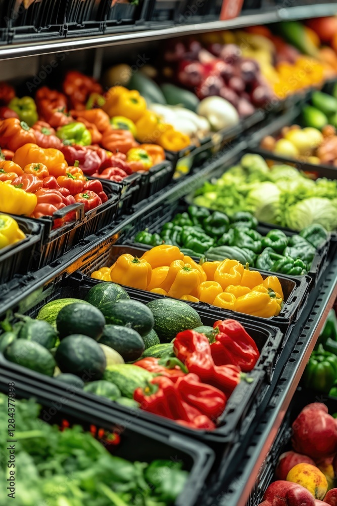Bright and fresh produce on display in a grocery store. Bright and fresh produce on display in a grocery store.