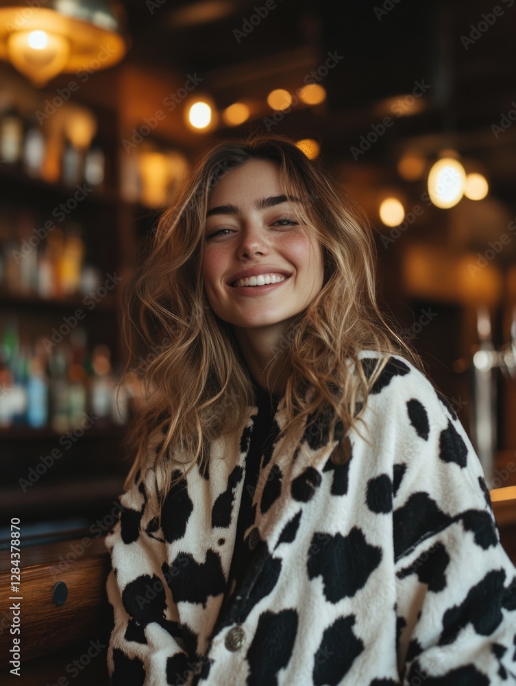 custom made wallpaper toronto digitalA young woman sitting at a bar, smiling and wearing a modern cow print coat, which suggests a casual and fashionable lifestyle in an urban setting.