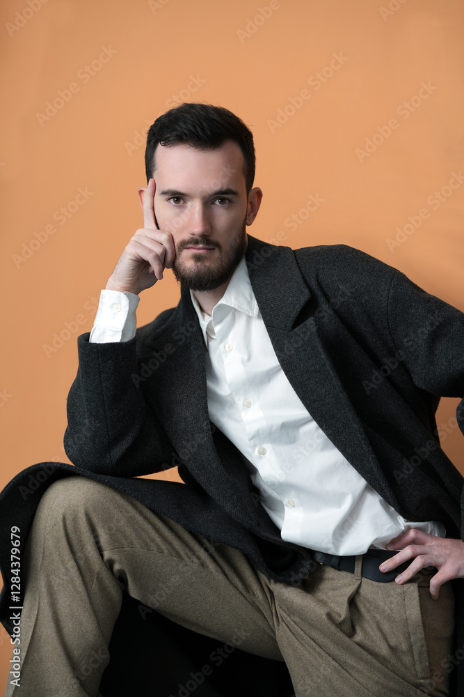 Confident man in a stylish outfit posing against a warm-toned background Confident man in a stylish outfit posing against a warm-toned background