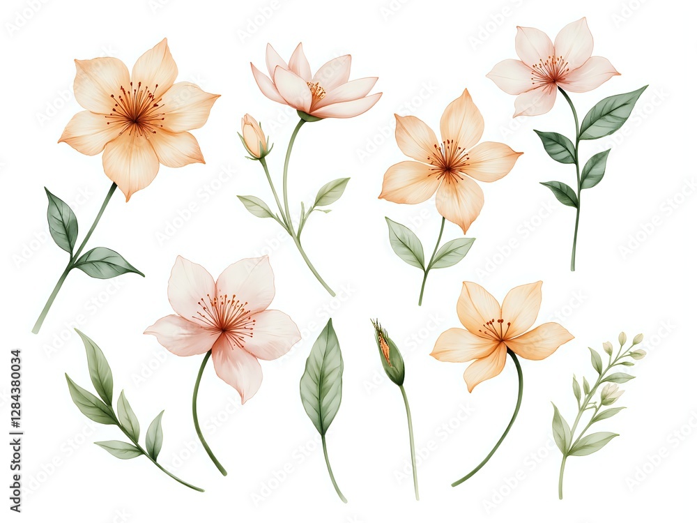 Fototapeta premium A delicate arrangement of soft peach blooms and lush greenery