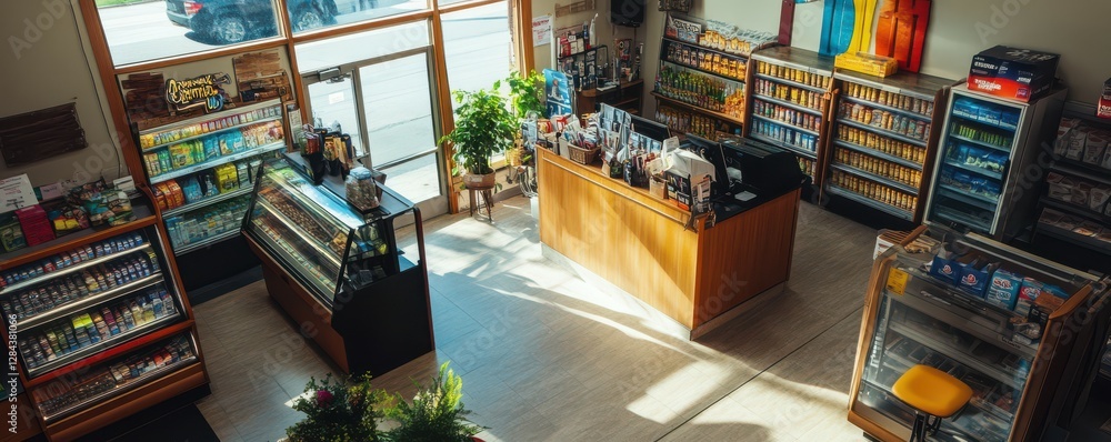 Bright modern convenience store interior with snacks and beverages displayed Bright modern convenience store interior with snacks and beverages displayed