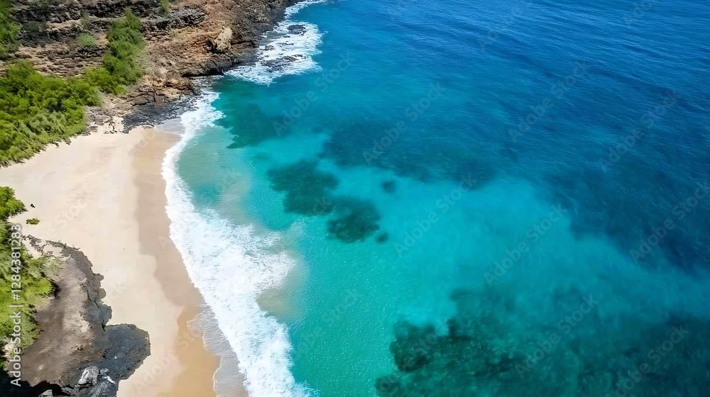 Aerial view of a serene beach with clear blue water and golden sands under bright sunlight : Generative AI Aerial view of a serene beach with clear blue water and golden sands under bright sunlight : Generative AI