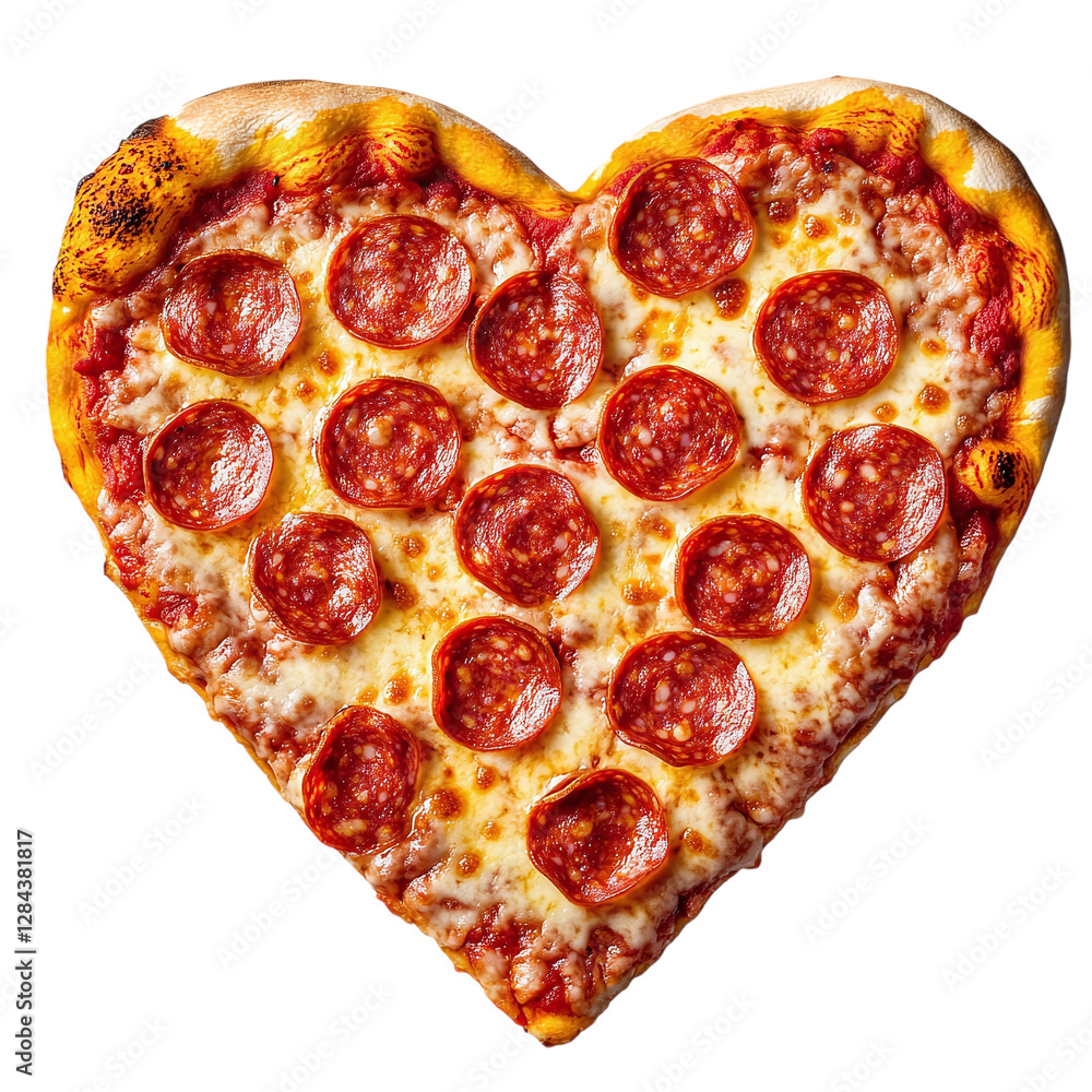 Heart shaped pizza slice with salami and cheese isolated on transparent background Heart shaped pizza slice with salami and cheese isolated on transparent background