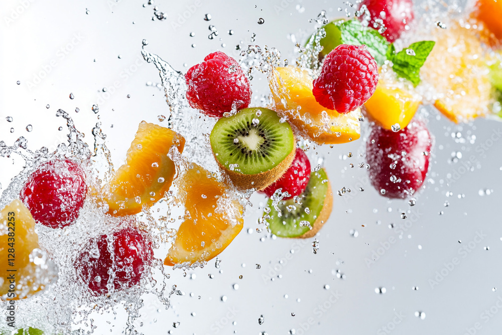 Juicy fruits in flight with splashes of water on white background Juicy fruits in flight with splashes of water on white background