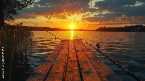 Lakeside fishing pier at sunset