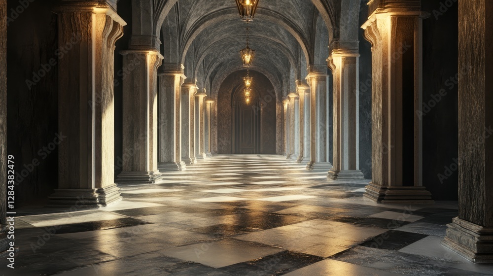 Fototapeta premium Historic corridor with stone arches and lantern lighting
