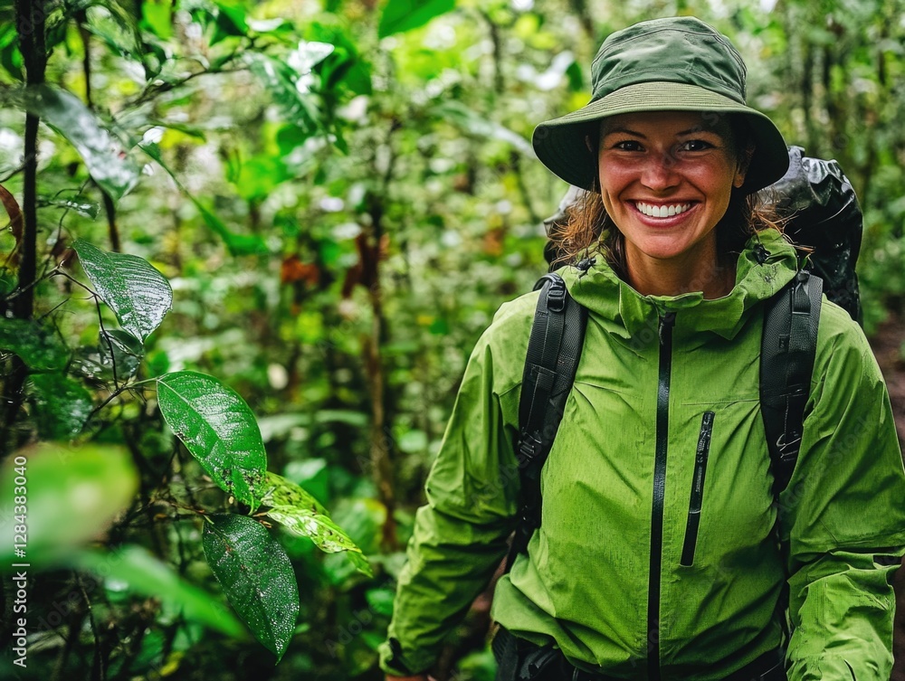 Fototapeta premium Smiling female hiker on rainforest trail wearing a green jacket, backpack and hat. Adventure travel and eco-tourism focus.