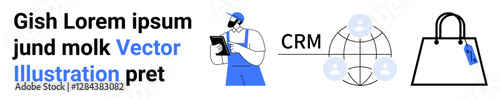 Worker holding tablet, CRM icons connected to a globe, shopping bag with tag emphasizes e-commerce, analytics. Ideal for technology, business, e-commerce, retail, CRM systems customer communication