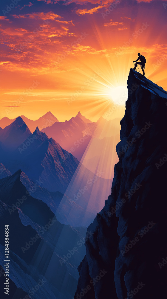 Silhouette of a climber reaching the summit at sunrise with dramatic mountain landscapes, symbolizing achievement, adventure, and determination in outdoor sports. Silhouette of a climber reaching the summit at sunrise with dramatic mountain landscapes, symbolizing achievement, adventure, and determination in outdoor sports.