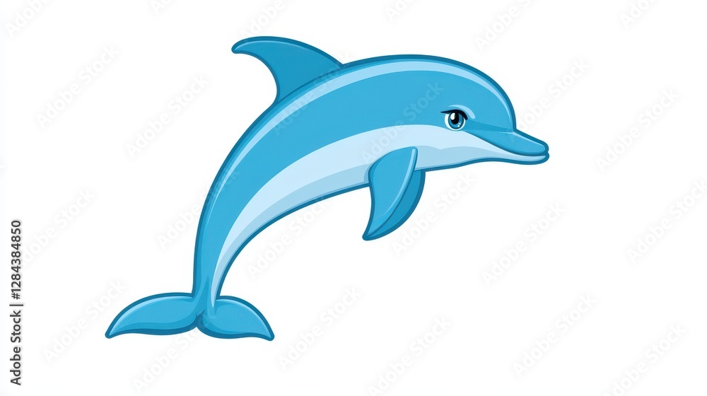 A cartoon dolphin is illustrated with bright blue colors, smiling playfully. Its fins are outstretched, suggesting an energetic swimming motion, creating a lively atmosphere A cartoon dolphin is illustrated with bright blue colors, smiling playfully. Its fins are outstretched, suggesting an energetic swimming motion, creating a lively atmosphere