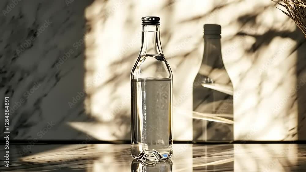 Clear glass bottle filled with water, casting shadows on a marble surface with a blurred background Clear glass bottle filled with water, casting shadows on a marble surface with a blurred background