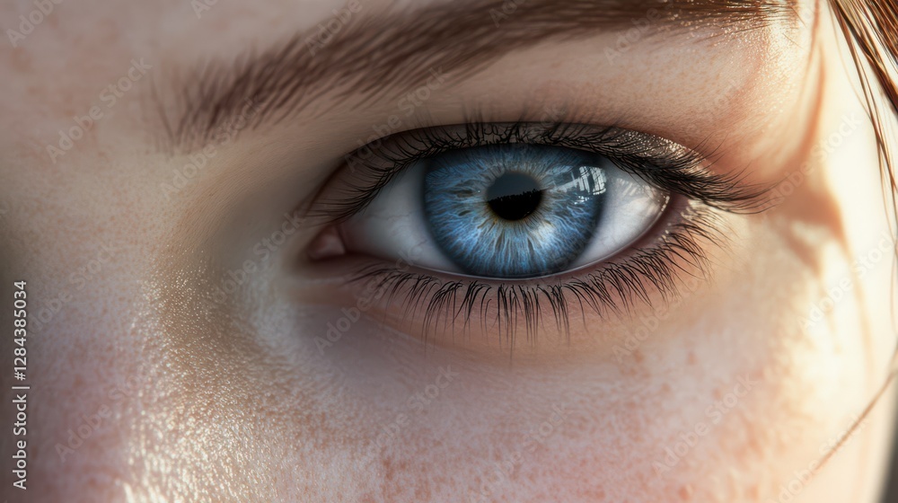 Fototapeta premium Close-up of blue eye with freckles on caucasian female face