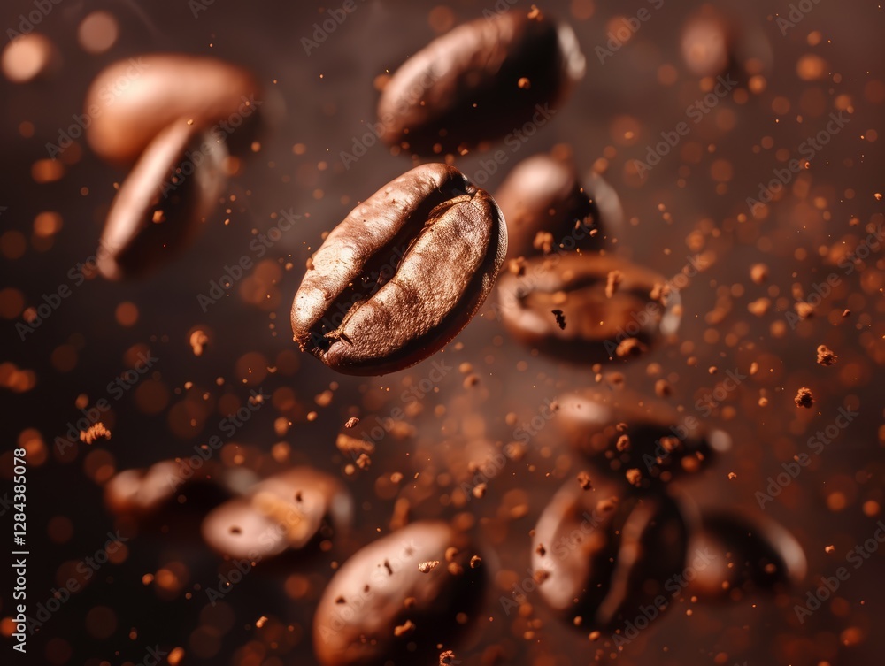 Close-up of falling roasted coffee beans on brown background. Arabic caffeine aroma coffee cafe bean concept. Close-up of falling roasted coffee beans on brown background. Arabic caffeine aroma coffee cafe bean concept.