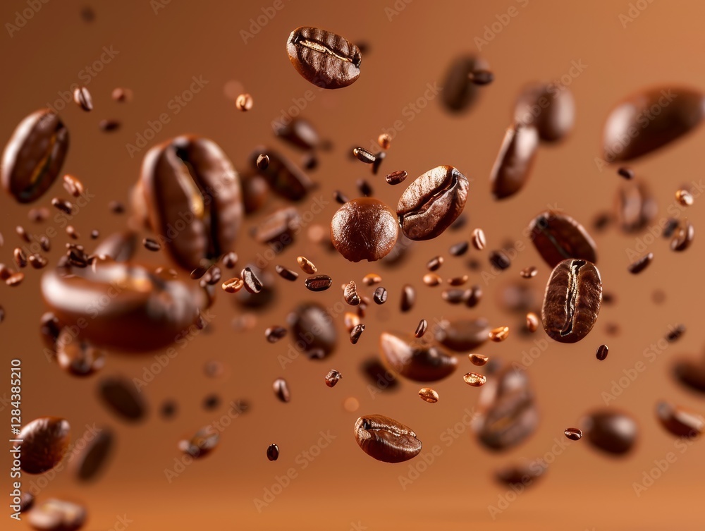 Close-up of falling roasted coffee beans on brown background. Arabic caffeine aroma coffee cafe bean concept. Close-up of falling roasted coffee beans on brown background. Arabic caffeine aroma coffee cafe bean concept.