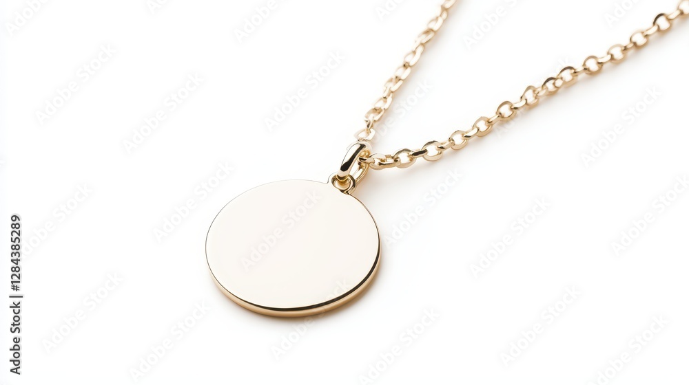 A simple yet elegant gold necklace features a circular pendant that is blank, allowing for customization. This stylish accessory is suitable for various occasions and outfits A simple yet elegant gold necklace features a circular pendant that is blank, allowing for customization. This stylish accessory is suitable for various occasions and outfits