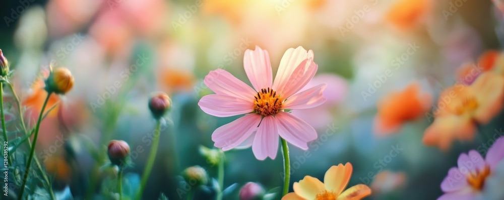 Close-up of pink cosmos flower with colorful blurred background in natural sunlight Close-up of pink cosmos flower with colorful blurred background in natural sunlight