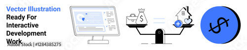 Computer screen presenting financial tools, balanced scale comparing money, home, and heart elements, and dollar symbol accent. Ideal for fintech, budgeting, investments, savings loan management