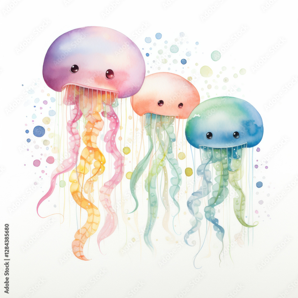 Cute jellyfish with pastel colors and smiling faces, surrounded by bubbles Cute jellyfish with pastel colors and smiling faces, surrounded by bubbles