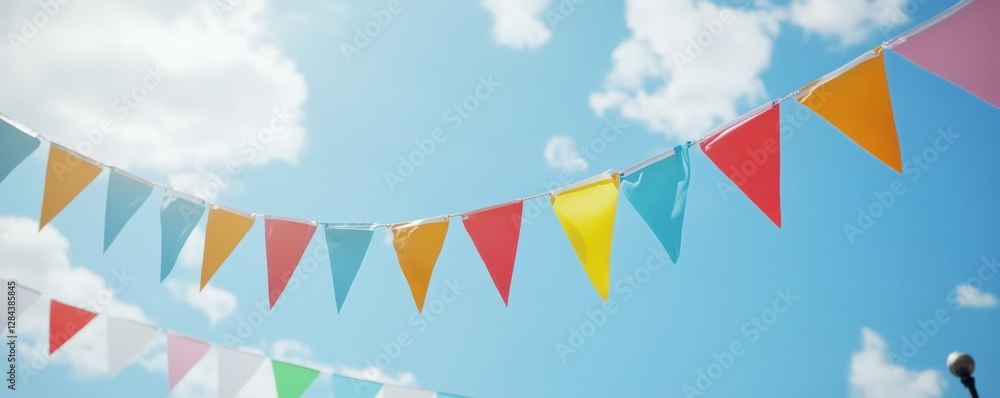 Obraz premium Colorful pennant banners against bright blue sky with fluffy clouds