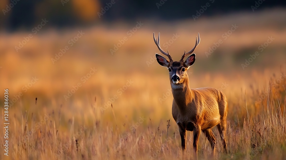 Fototapeta premium Majestic deer standing tall in the golden grass during a beautiful sunset : Generative AI