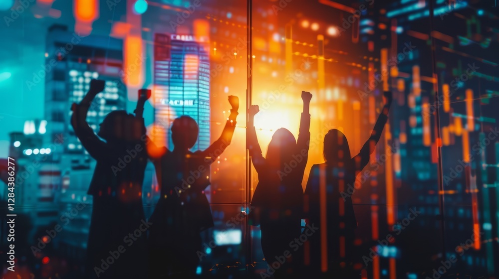 Fototapeta premium A team of traders celebrating their success at the stock market in the office. Business, trading / trader, teamwork, financial achievement and technology concept. Abstract, colorful image.