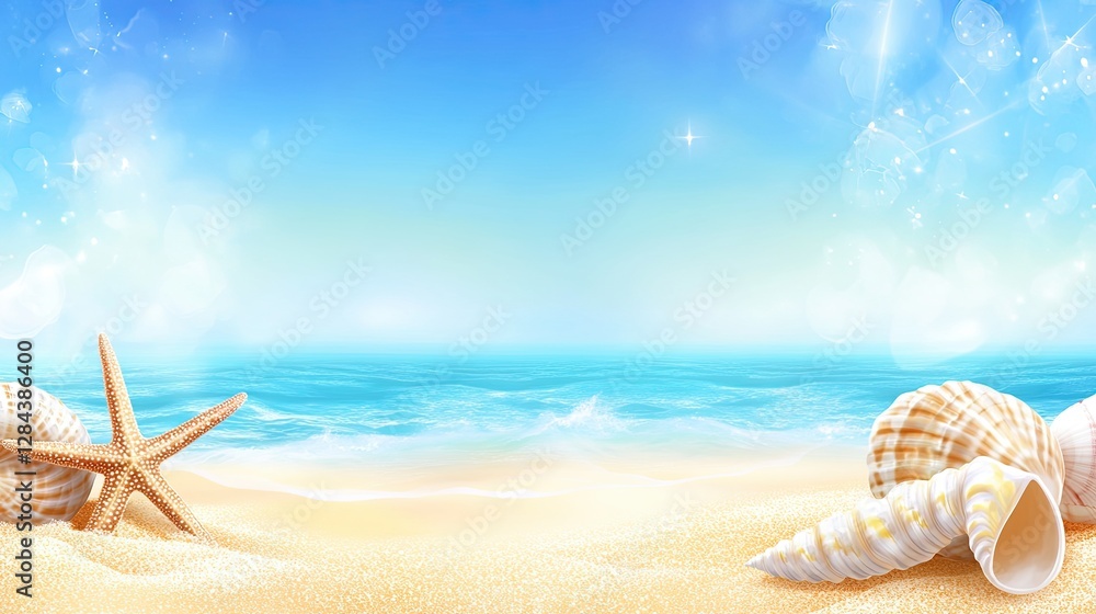 Starfish and shells scattered on a sandy beach with a blurred ocean in the background Starfish and shells scattered on a sandy beach with a blurred ocean in the background