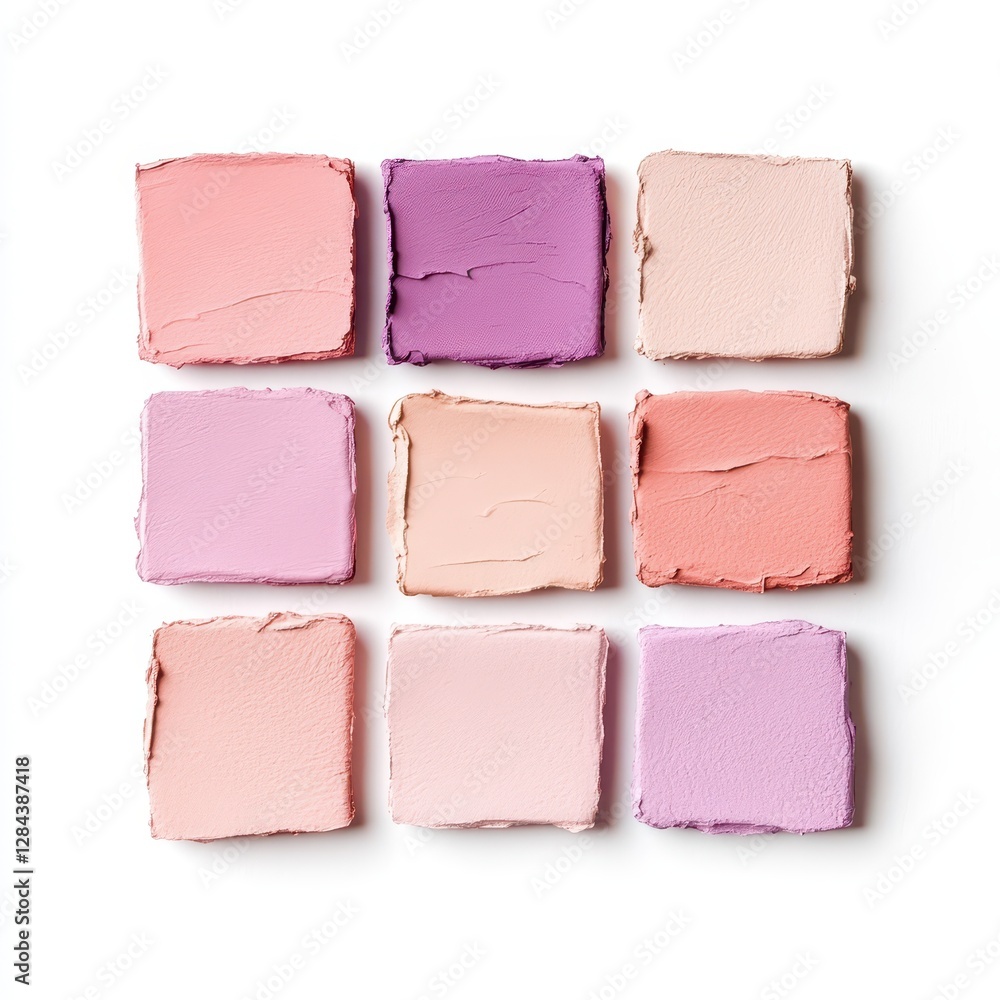 Fototapeta premium A grid of nine pastel paint squares featuring shades of pink and purple is arranged neatly. Each square exhibits a textured appearance, inviting artistic exploration