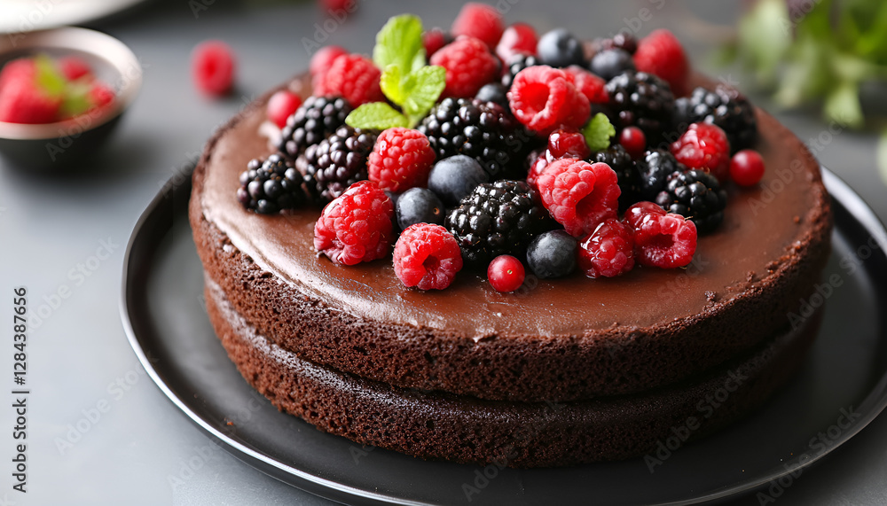 Delicious chocolate sponge cake with berries served on grey table, close-up Delicious chocolate sponge cake with berries served on grey table, close-up