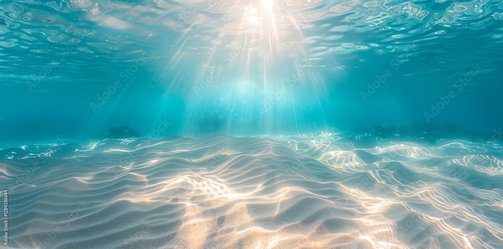 Fototapeta premium Underwater ocean landscape with sunlight falling through the surface. Empty blue sea summer background. 