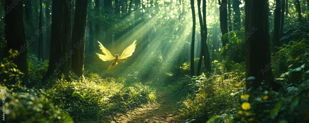 Obraz premium Magical fairy flying in sunlit forest with glowing wings