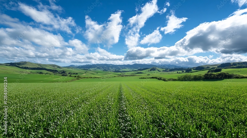 Vast green countryside field under a bright sky with stunning cloud formations and distant mountains : Generative AI Vast green countryside field under a bright sky with stunning cloud formations and distant mountains : Generative AI