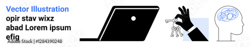 Laptop, hand offering keys, and abstract brain outline highlighting ideas of cybersecurity, unlocking knowledge, technology integration, problem-solving, data access, and innovation. Ideal