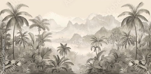 Watercolor pattern wallpaper. Painting of a jungle landscape in vintage retro style.