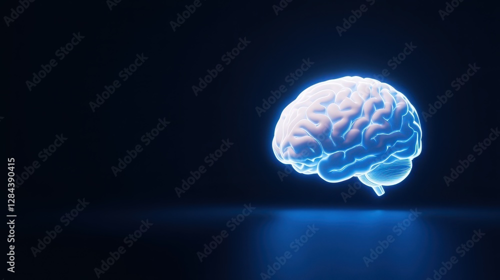 A luminous brain is depicted in neon blue, floating above a reflective surface. The background is dark, enhancing the bright glow of the brain, symbolizing creativity and intelligence A luminous brain is depicted in neon blue, floating above a reflective surface. The background is dark, enhancing the bright glow of the brain, symbolizing creativity and intelligence