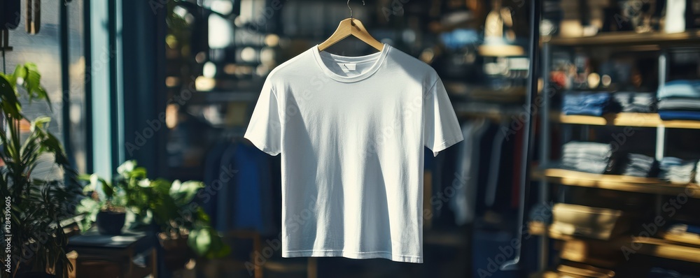 White t-shirt on wooden hanger in sunlit retail clothing store White t-shirt on wooden hanger in sunlit retail clothing store